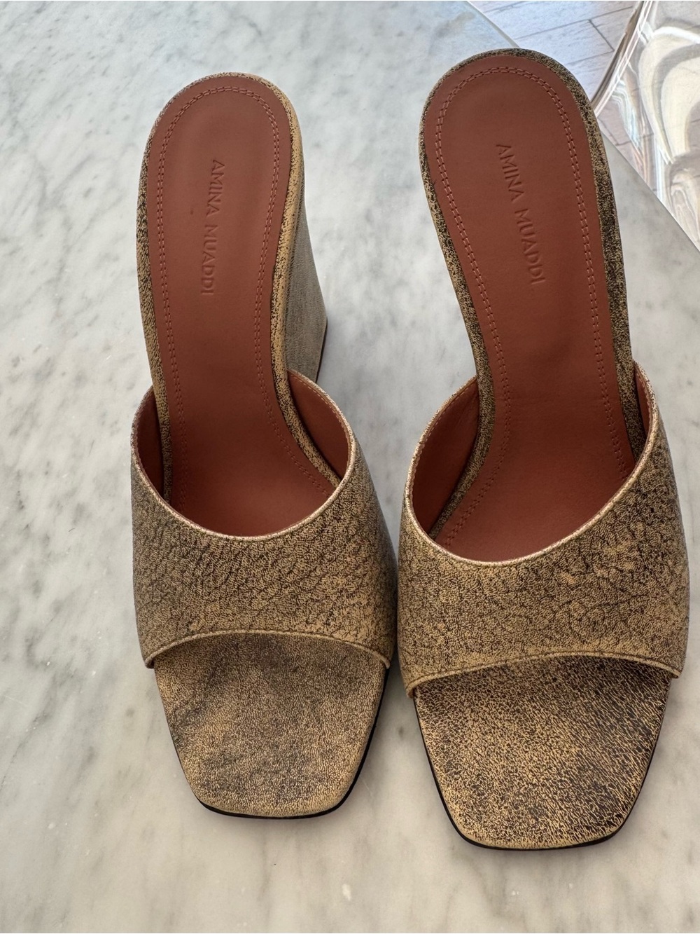 Amina Muaddi Metallic Gold Square-Toe Block Heel Mules